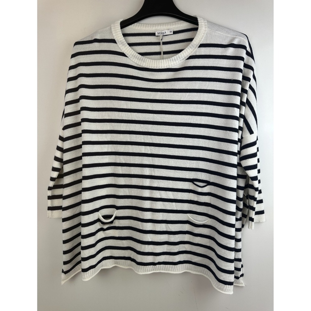 NWT MER SEA OS Catalina Traveler Sweater Side Slits Navy Stripe Boxy Mersea - Picture 12 of 14